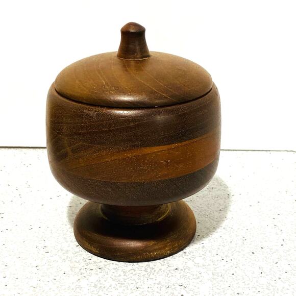 Vintage 1972 Signed Hand Turned Wood Pedestal Jar & Lid Covered Candy Dish - Picture 3 of 9